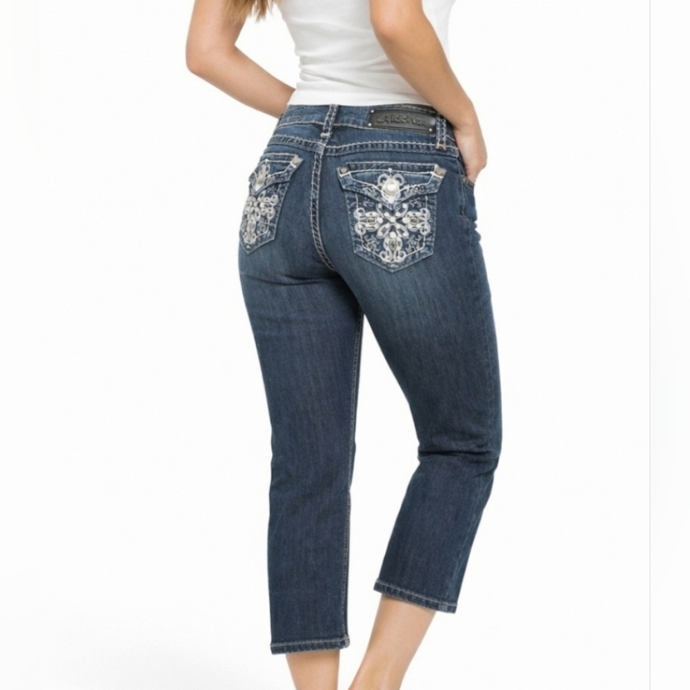 LA Idol Bedazzled Embroidered Crop Decorative Stitching Jeans Size 7 Stretch